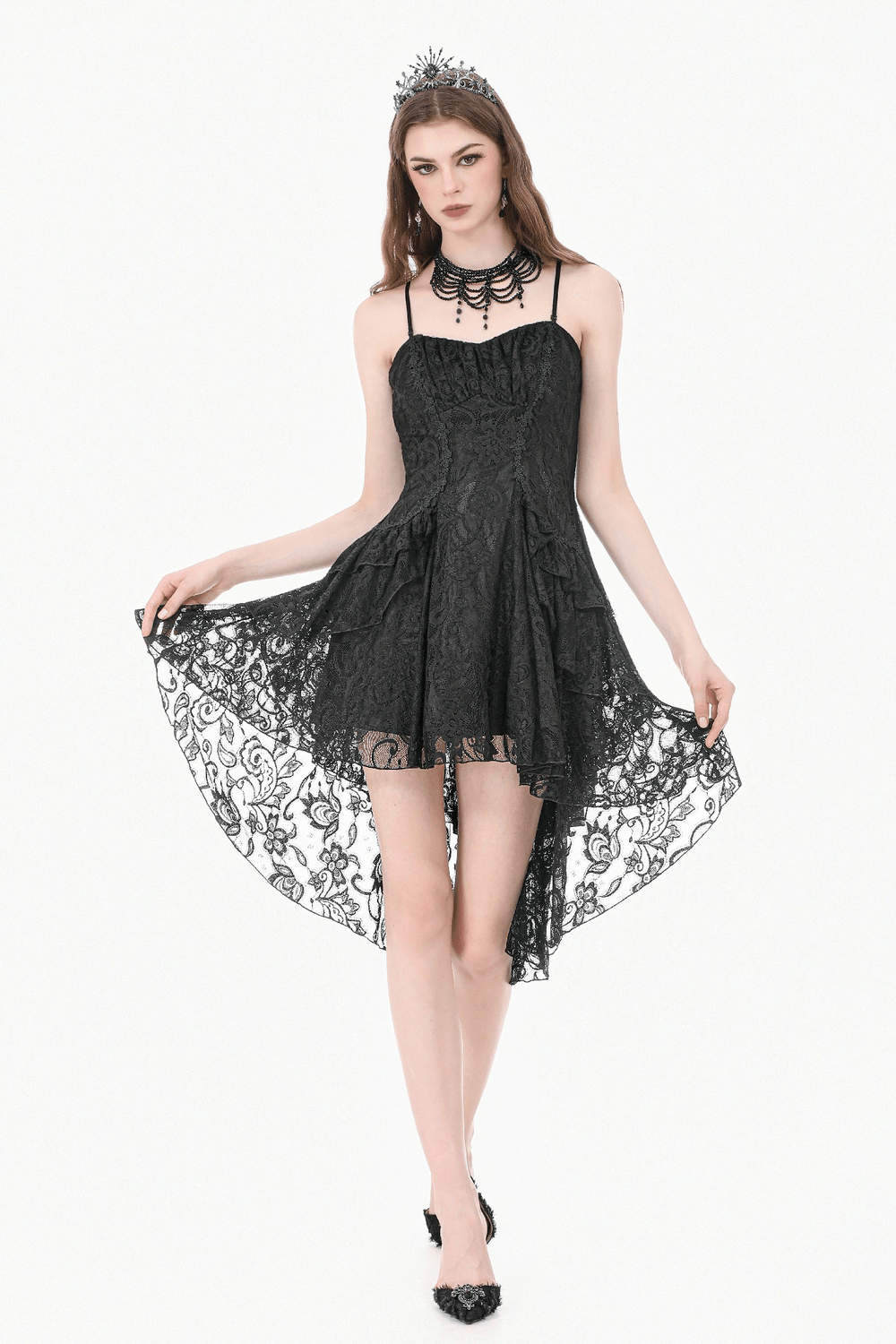 Victorian Goth Tiered Midi Dress With Sheer Floral Skirt modeled with black lace and dramatic high low cut.