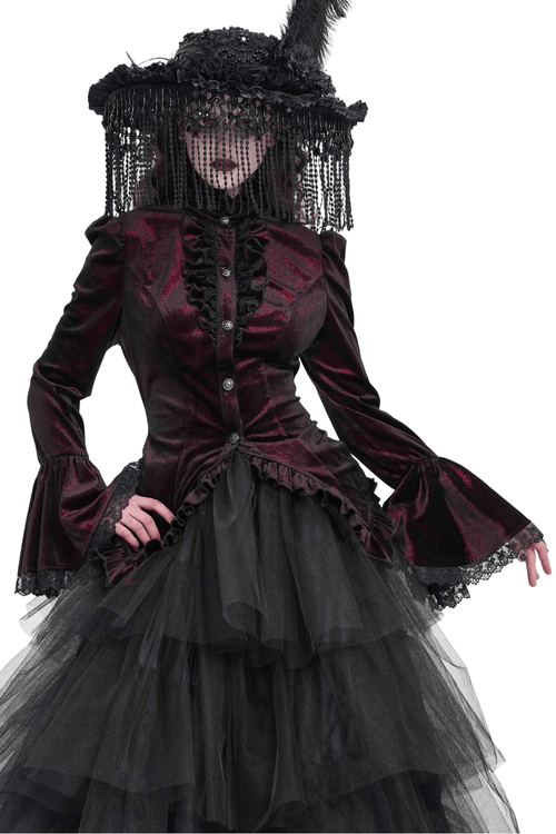 Victorian Gothic Velvet Blouse with Lace and Corset Details