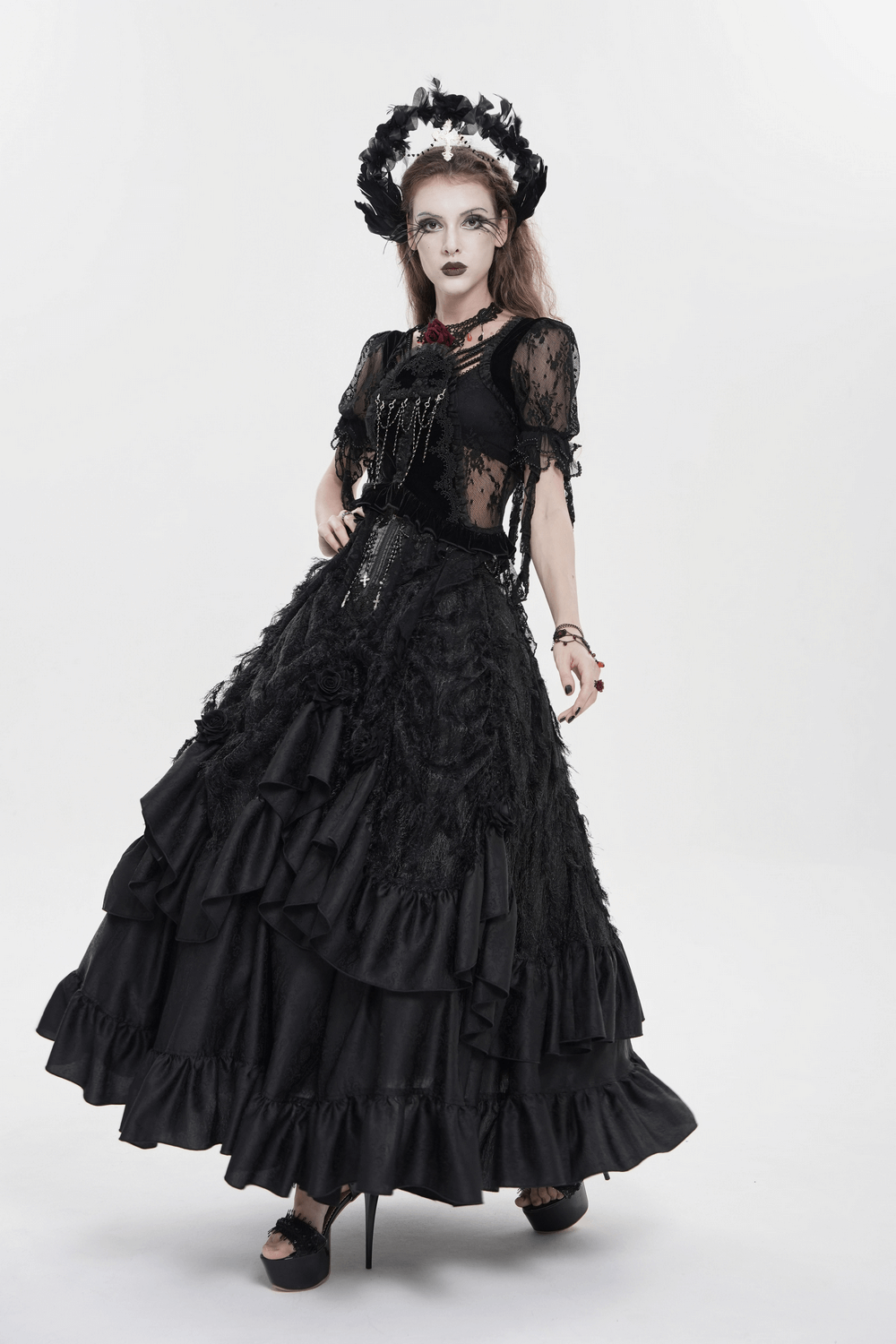 Victorian-Inspired Gothic Ruffle Skirt with Cross Details worn by model displaying gothic elegance with dramatic flair.