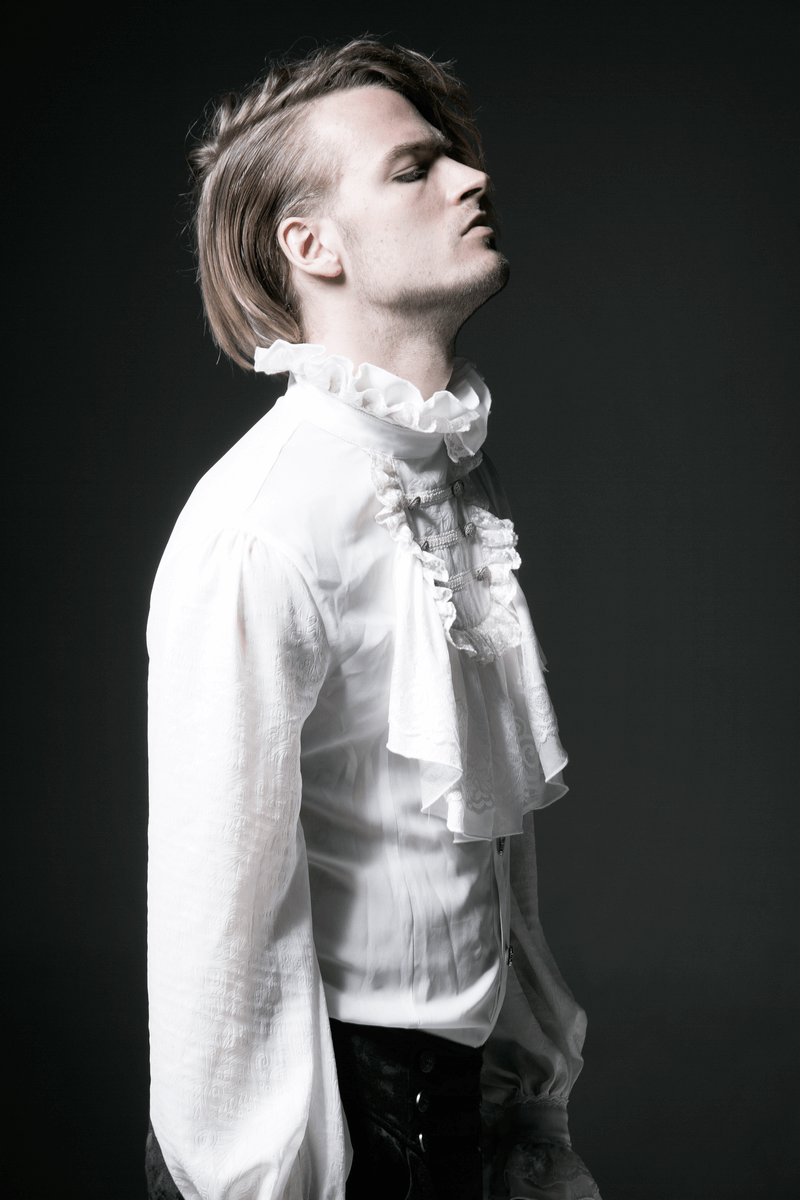 Victorian inspired white ruffle dress shirt for men, featuring elegant high-neck collar and billowing sleeves.