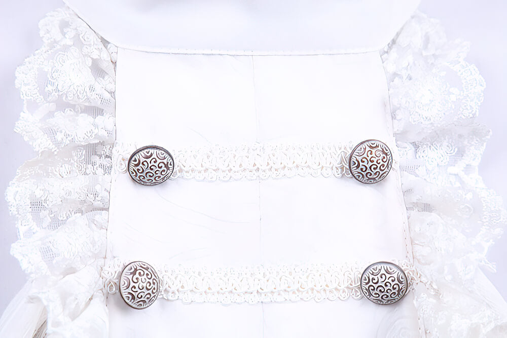 Close-up of Victorian inspired white ruffle dress shirt showing intricate buttons and lace details.