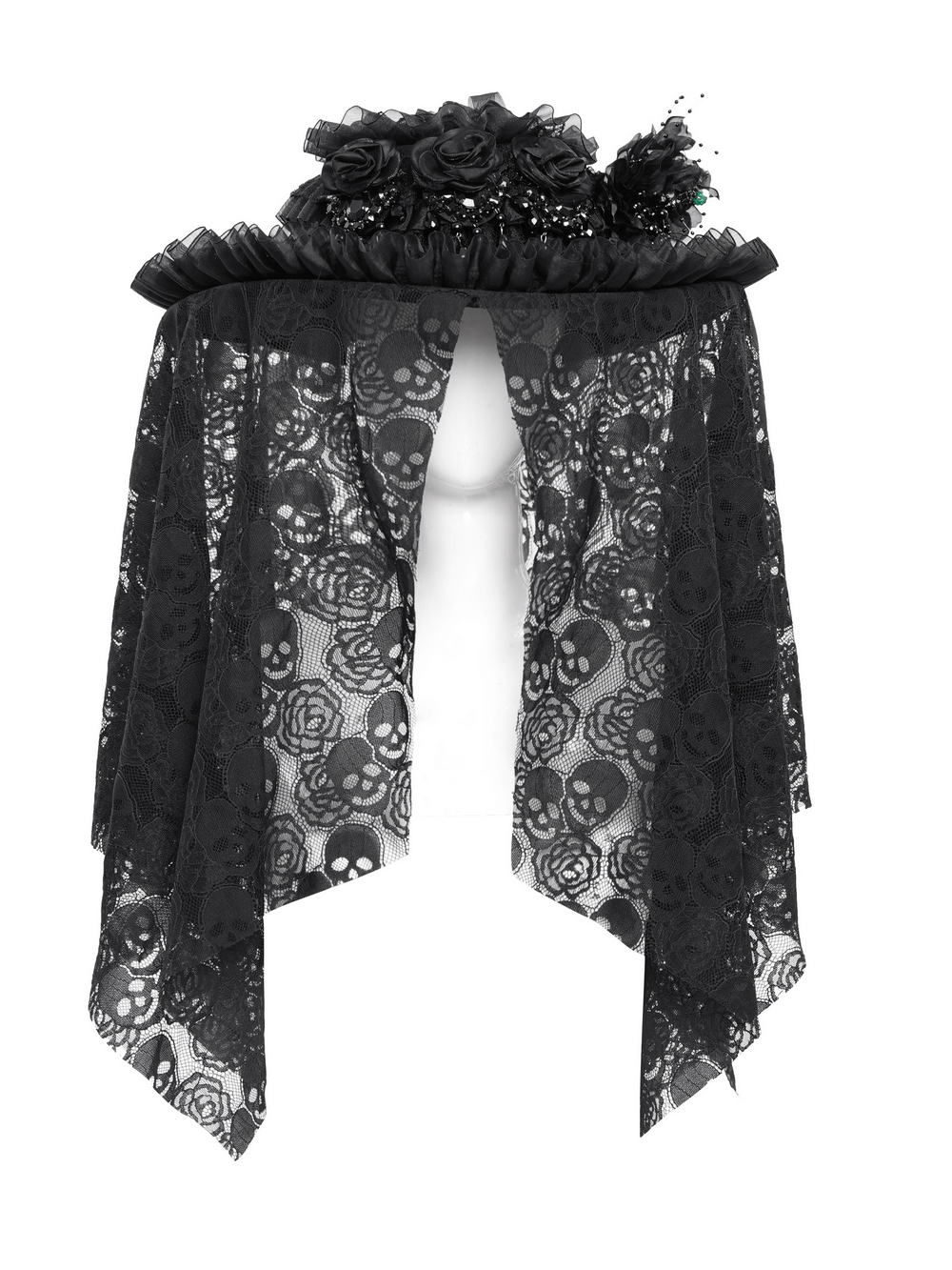 Victorian lace mourning hat with black roses and skull mesh veil, perfect for gothic weddings and Halloween.