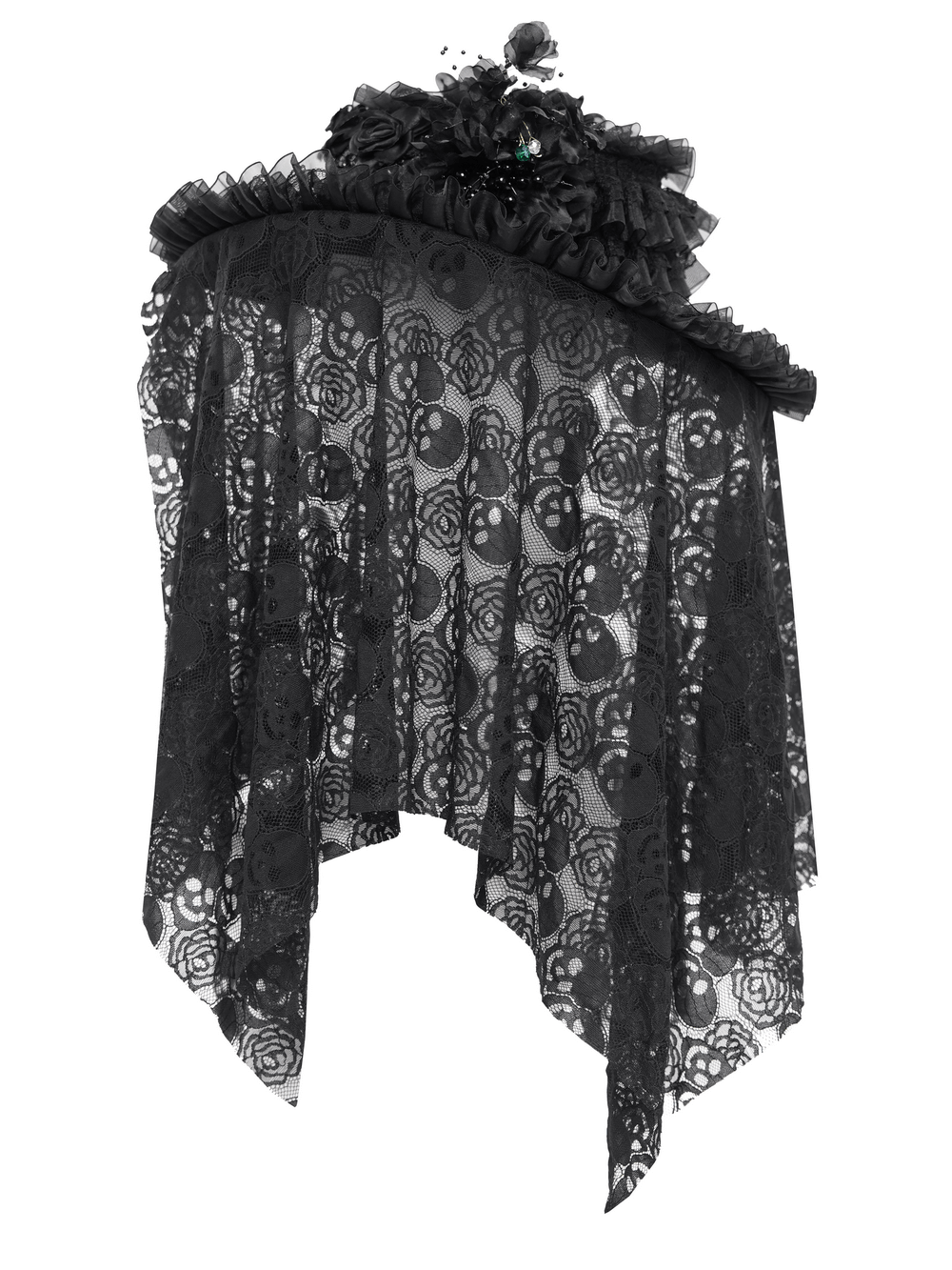 Victorian lace mourning hat with skull mesh veil, black roses, and ruffled trim for gothic fashion.