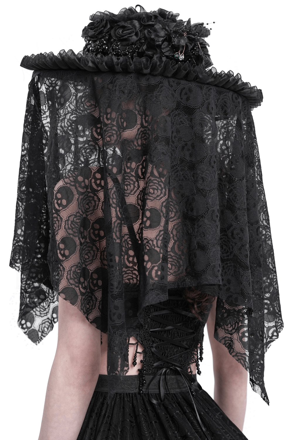 Victorian lace mourning hat with skull veil, black roses, and ruffled trim, designed for gothic fashion.