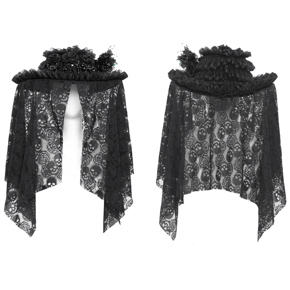 Victorian lace mourning hat featuring skull mesh, black roses, and ruffled trim for gothic elegance.