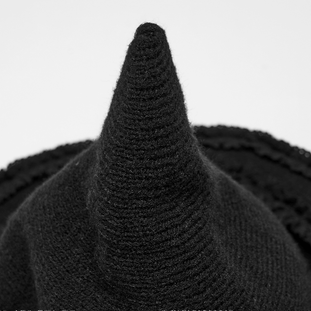 Vintage Black Gothic Pointed Witch Hat with Lace Trim showing the pointed top and ruffled lace details.