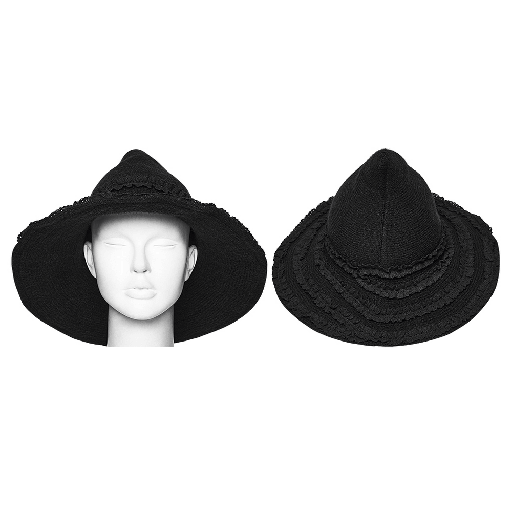 Vintage Black Gothic Pointed Witch Hat with Lace Trim, featuring a wide brim and ruffled lace details.