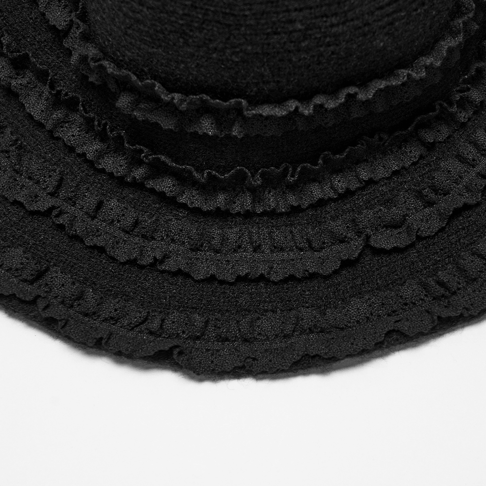 Vintage Black Gothic Pointed Witch Hat with Lace Trim showcasing layered ruffled lace details on the brim.