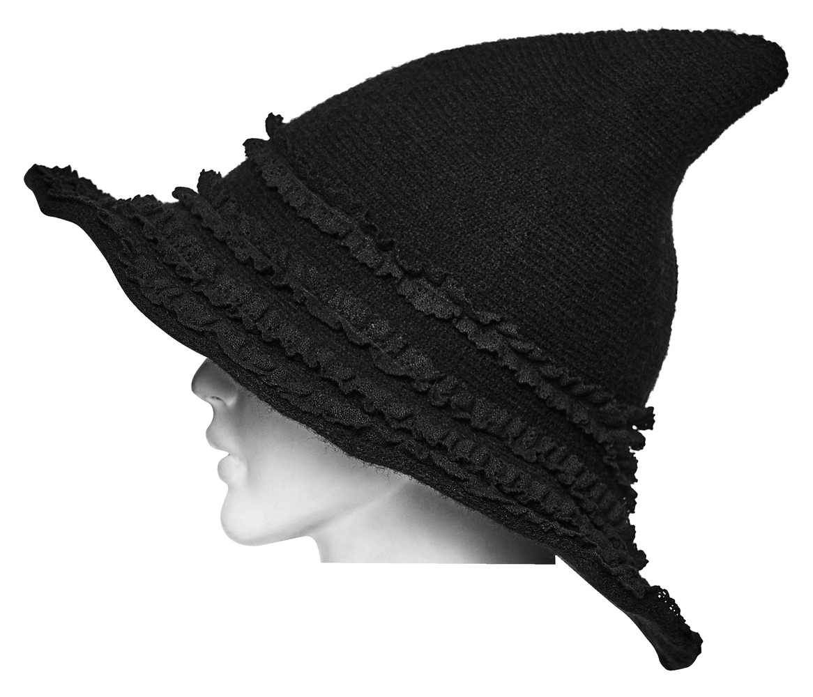 Vintage Black Gothic Pointed Witch Hat with Lace Trim displayed on a mannequin profile view, showcasing ruffled lace details.