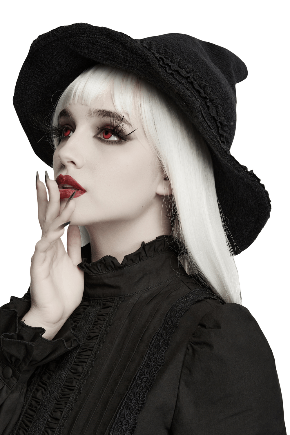 Vintage Black Gothic Pointed Witch Hat with Lace Trim modeled by a person with striking pale features and red accents.