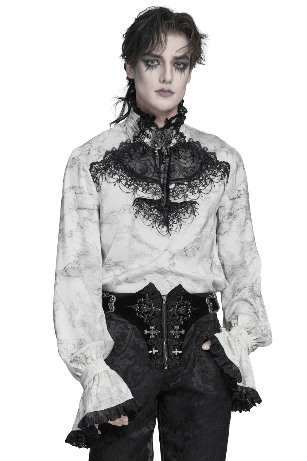 White Gothic Marble Shirt with Lace Ruffle Bib worn by model, showcasing dramatic lace details and high neck collar.