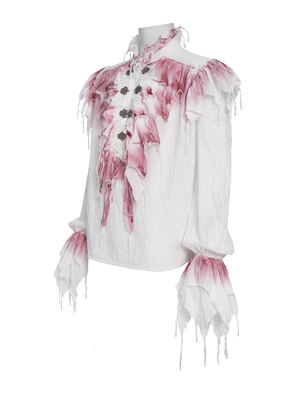 White Gothic Ruffle Shirt with Crimson Distressed Frills featuring detailed frills and an elegant silhouette.