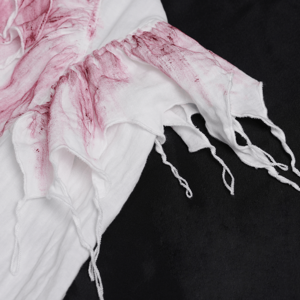White Gothic Ruffle Shirt with Crimson Distressed Frills detail showing tattered frills and aged effect accents.