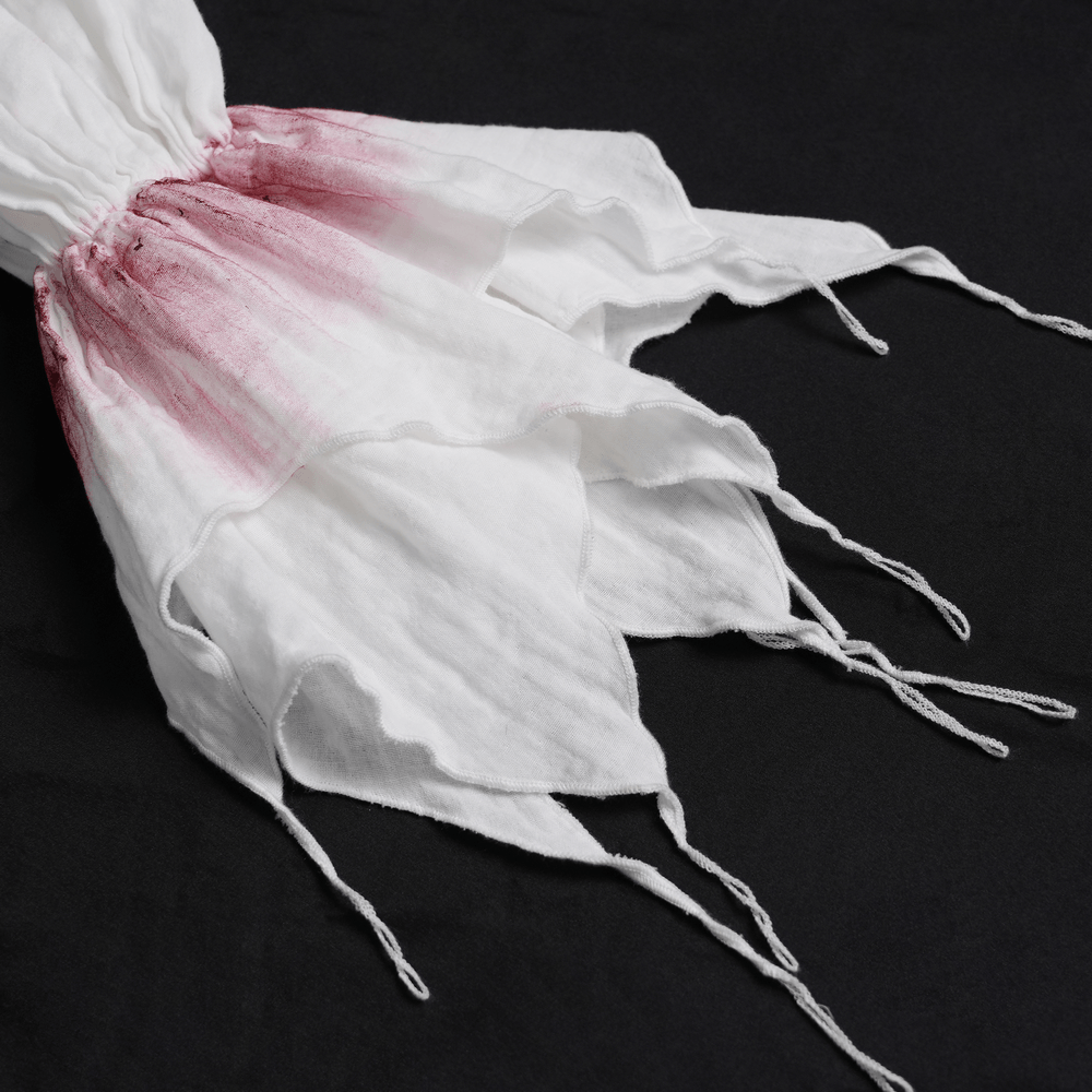 White Gothic Ruffle Shirt with Crimson Distressed Frills sleeve detail featuring tattered frills and crimson accents
