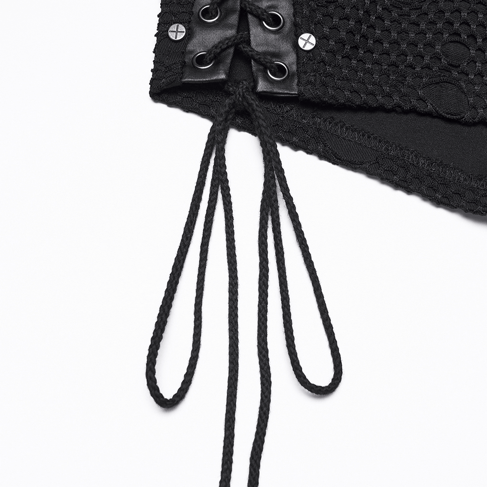 Alt Tag: Women's Black Punk Mesh Lace-Up Distressed Hot Shorts close-up of lace-up side slit with grommets, cross studs, and drawstring