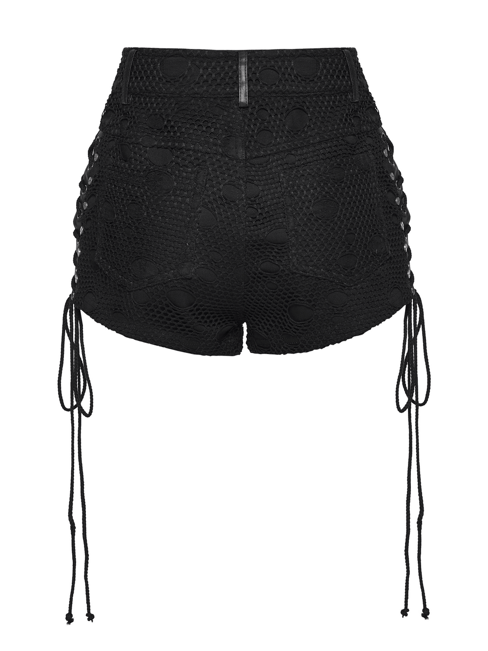 Alt Tag: Women's Black Punk Mesh Lace-Up Distressed Hot Shorts with side lace-up drawstrings, distressed mesh texture, back view
