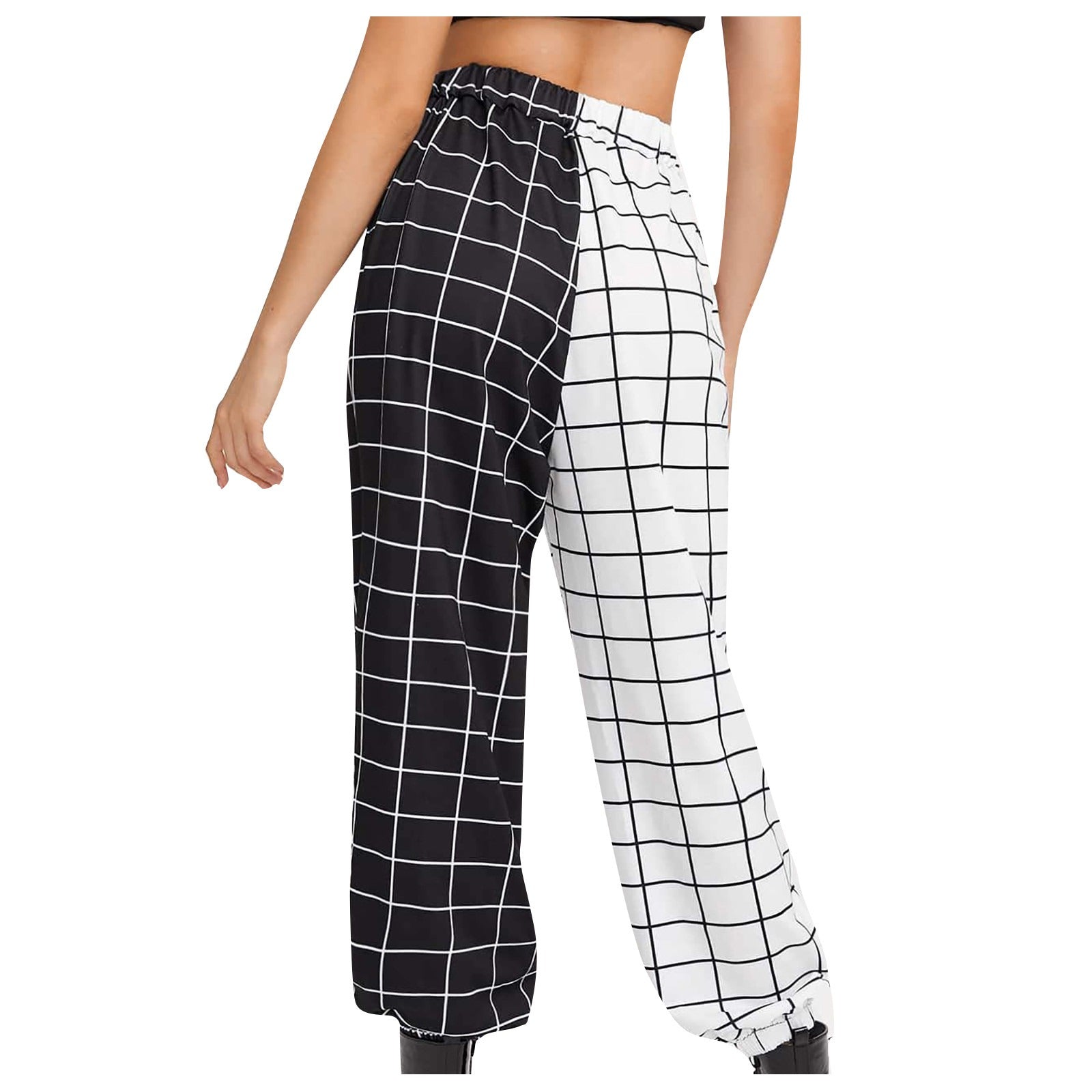 Women's Gothic Cargo Pants With Black-White Checkerboard Print / High Waist Long Pants - HARD'N'HEAVY