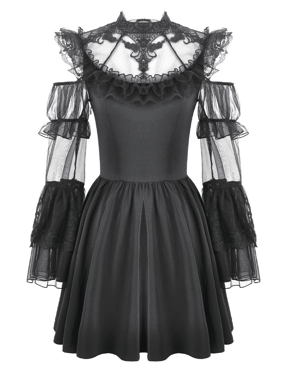 Women's Gothic Cold Shoulder Mini Dress with Lace Sleeves featuring sheer embroidered yoke and ruffled neckline.
