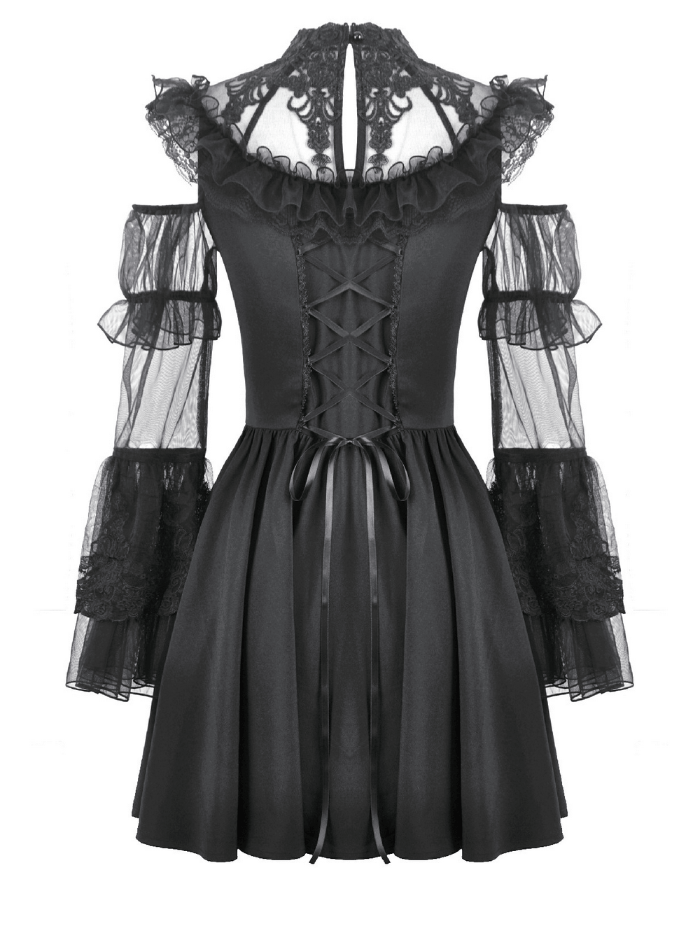 Women's Gothic Cold Shoulder Mini Dress with Lace Sleeves featuring sheer ruffle details and corset lacing.
