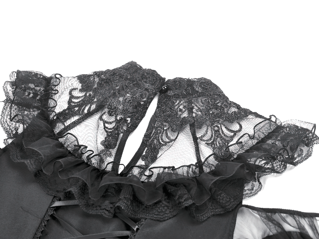 Women's Gothic Cold Shoulder Mini Dress with Lace Sleeves close-up of intricate lace and sheer ruffle details.