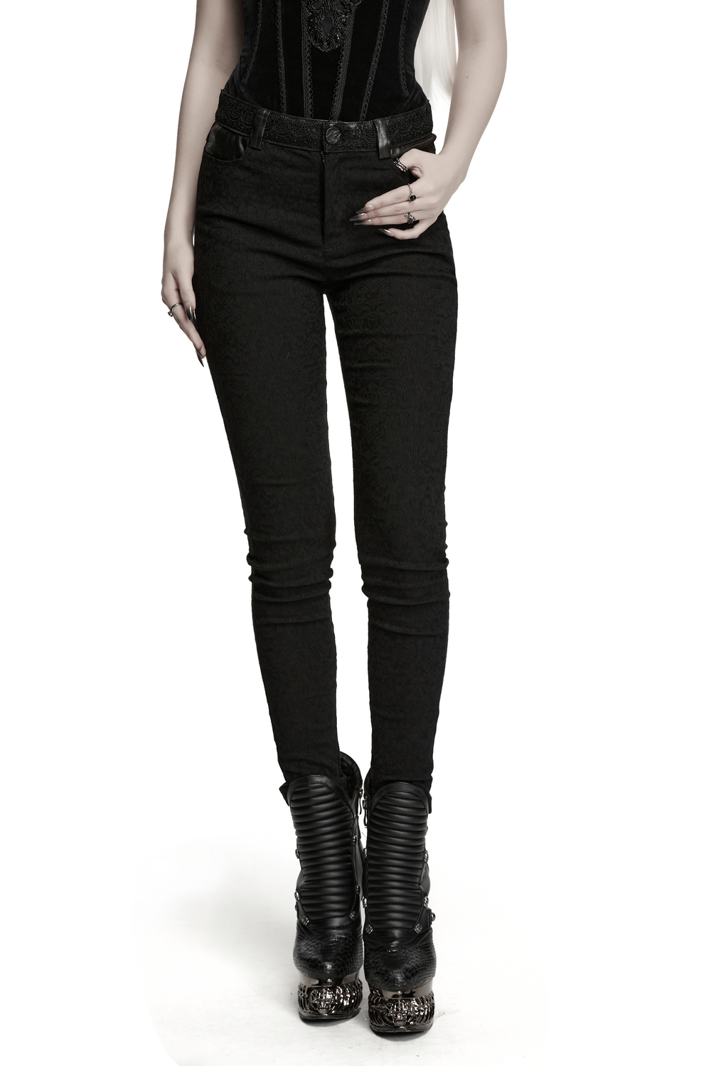 Women's Gothic Jacquard Slim Fit Tapered Pants with lace waist detail and stylish tapered design.