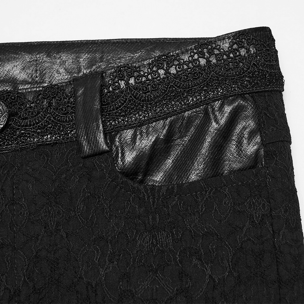 Women's Gothic Jacquard Slim Fit Tapered Pants lace waist detail and patterned fabric close-up.