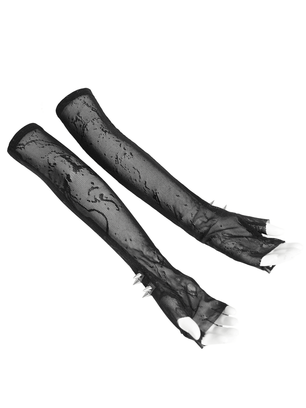 Women's Gothic Lace Arm Sleeves with Spike Stud Cuffs in black lace design, perfect for a bold gothic look.