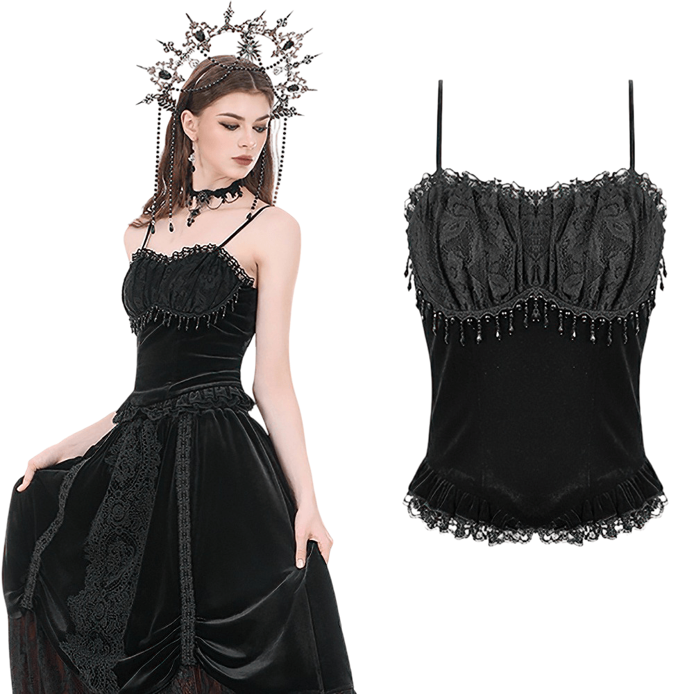 Women's Gothic Lace Camisole with Beaded Bust and Frills in black with lace cups, pearl trim and frills.