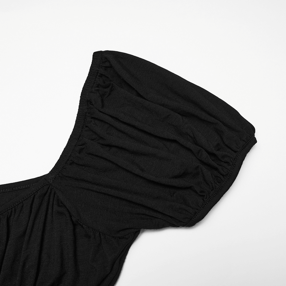 Women's Gothic Lace Handkerchief Hem Puff Top featuring a stylish puff sleeve and soft black fabric.