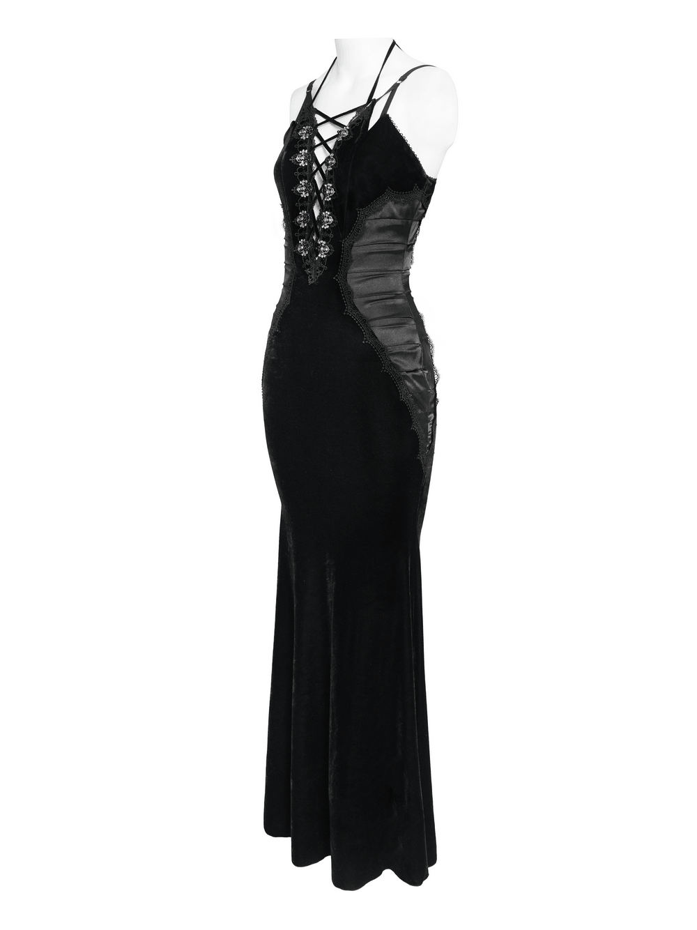 Women's Gothic Lace Up Mesh Mermaid Maxi Dress featuring a plunge neckline and sheer mesh sides.