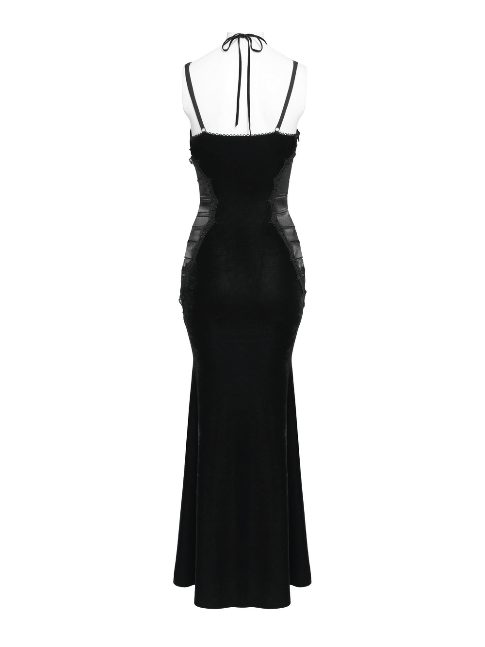 Back view of Women's Gothic Lace Up Mesh Mermaid Maxi Dress showcasing lace-up design and sheer mesh sides.
