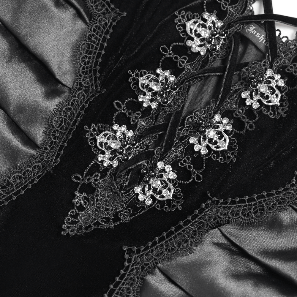 Close-up of the intricate lace and embellishments on the Women's Gothic Lace Up Mesh Mermaid Maxi Dress.