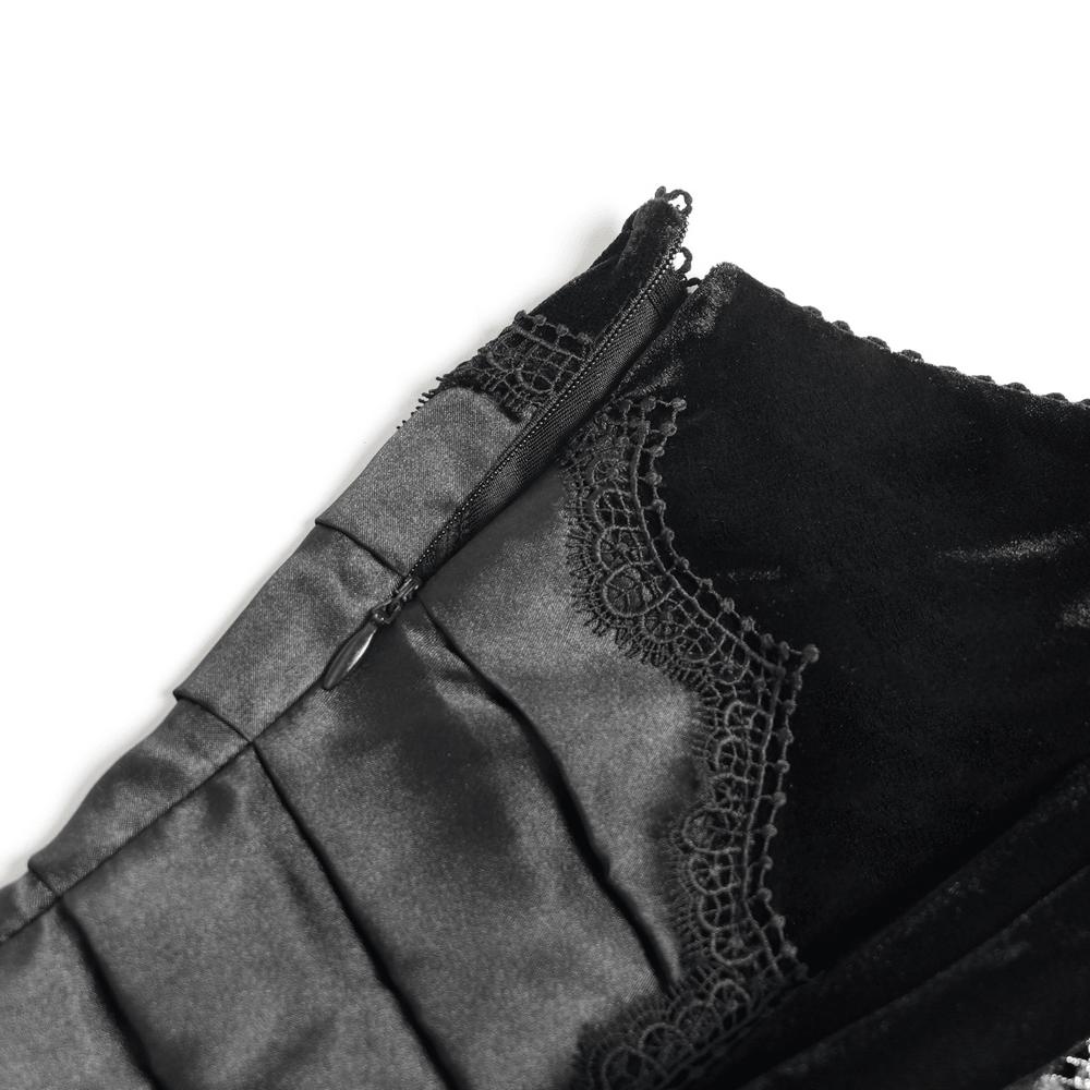 Detail of Women's Gothic Lace Up Mesh Mermaid Maxi Dress showing lace trim and zip closure.