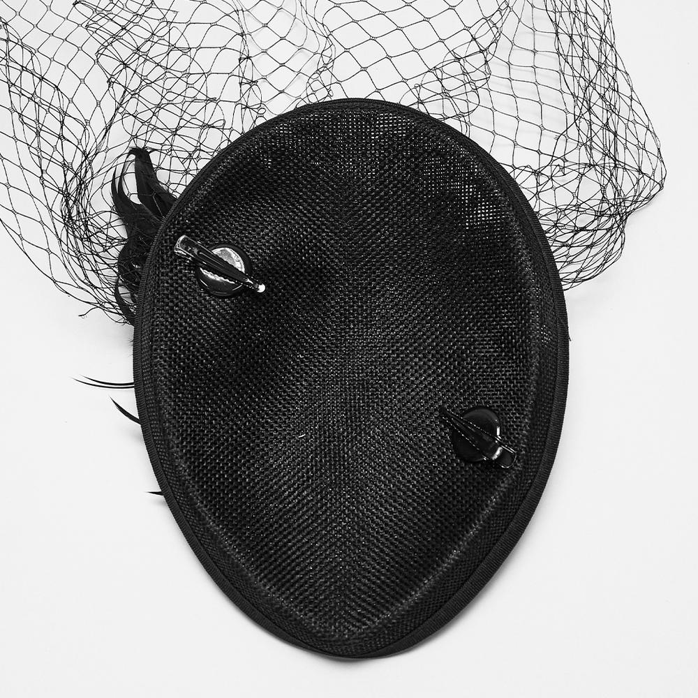 Women's Gothic Rose Veil Fascinator Hair Clip Hat base showing mesh netting and feather accents.