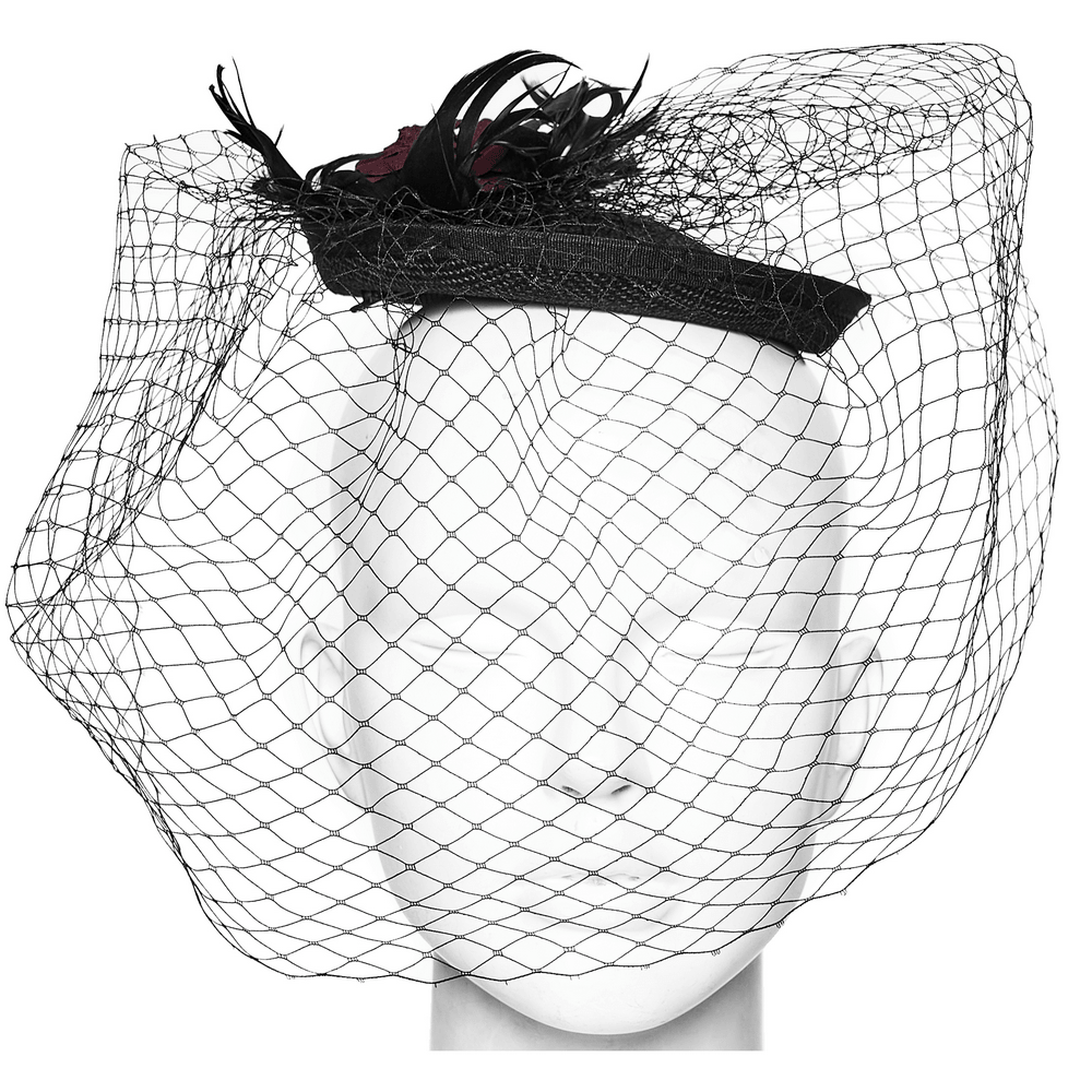 Women's Gothic Rose Veil Fascinator Hair Clip Hat displayed on a mannequin with a dramatic black netting and feather accents.