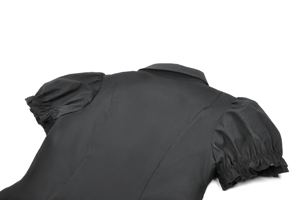 Women's Gothic Ruffle Puff Sleeved Victorian Blouse showing ruffle details and puff sleeves in black.