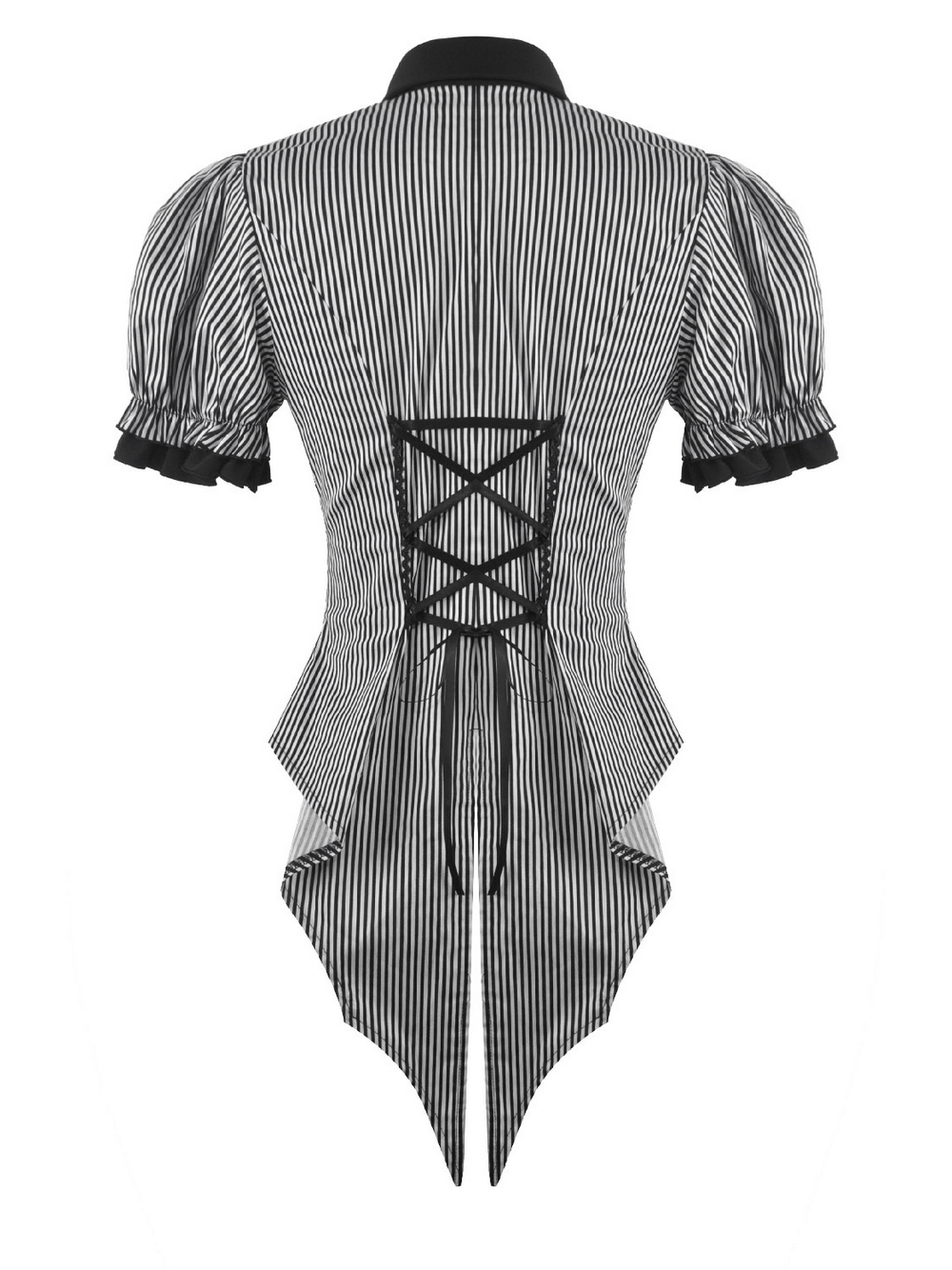 Women's Gothic Striped Tail Hem Victorian Blouse with puff sleeves and lace-up back view.