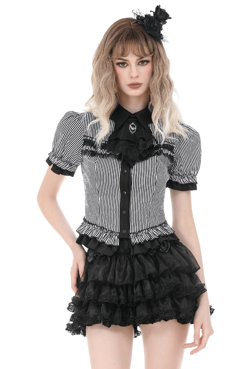 Women's Gothic Striped Tail Hem Victorian Blouse featuring a pinstripe design with lace trim and puff sleeves.