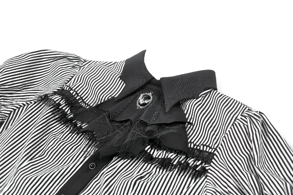 Women's Gothic Striped Tail Hem Victorian Blouse with pinstripes, lace trim, and detachable collar for a vintage look.