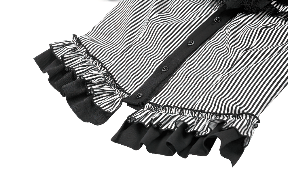Close-up of Women's Gothic Striped Tail Hem Victorian Blouse with black and white pinstripes and ruffled sleeves.