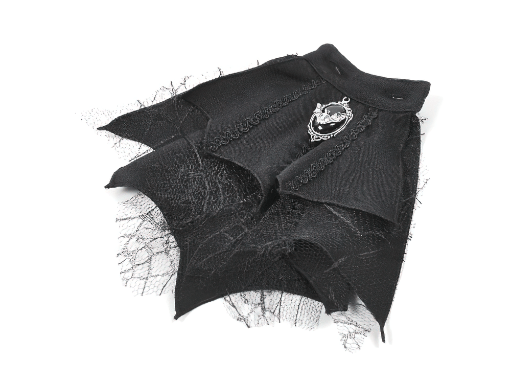 Women's Gothic Striped Tail Hem Victorian Blouse with layered lace and decorative brooch