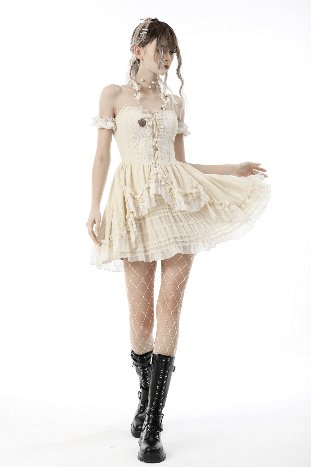 Women's off-shoulder lace mini dress with ruffled layers and floral details, perfect for steampunk events.