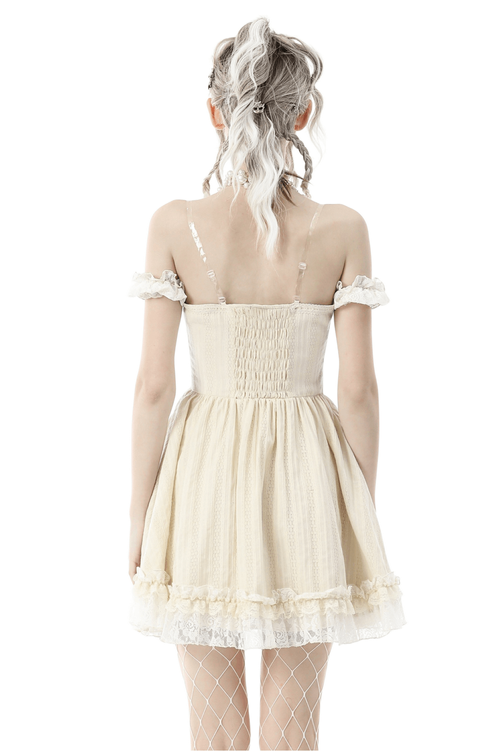 Back view of a women's off-shoulder lace mini dress with ruffled layers, perfect for Gothic and steampunk styles.
