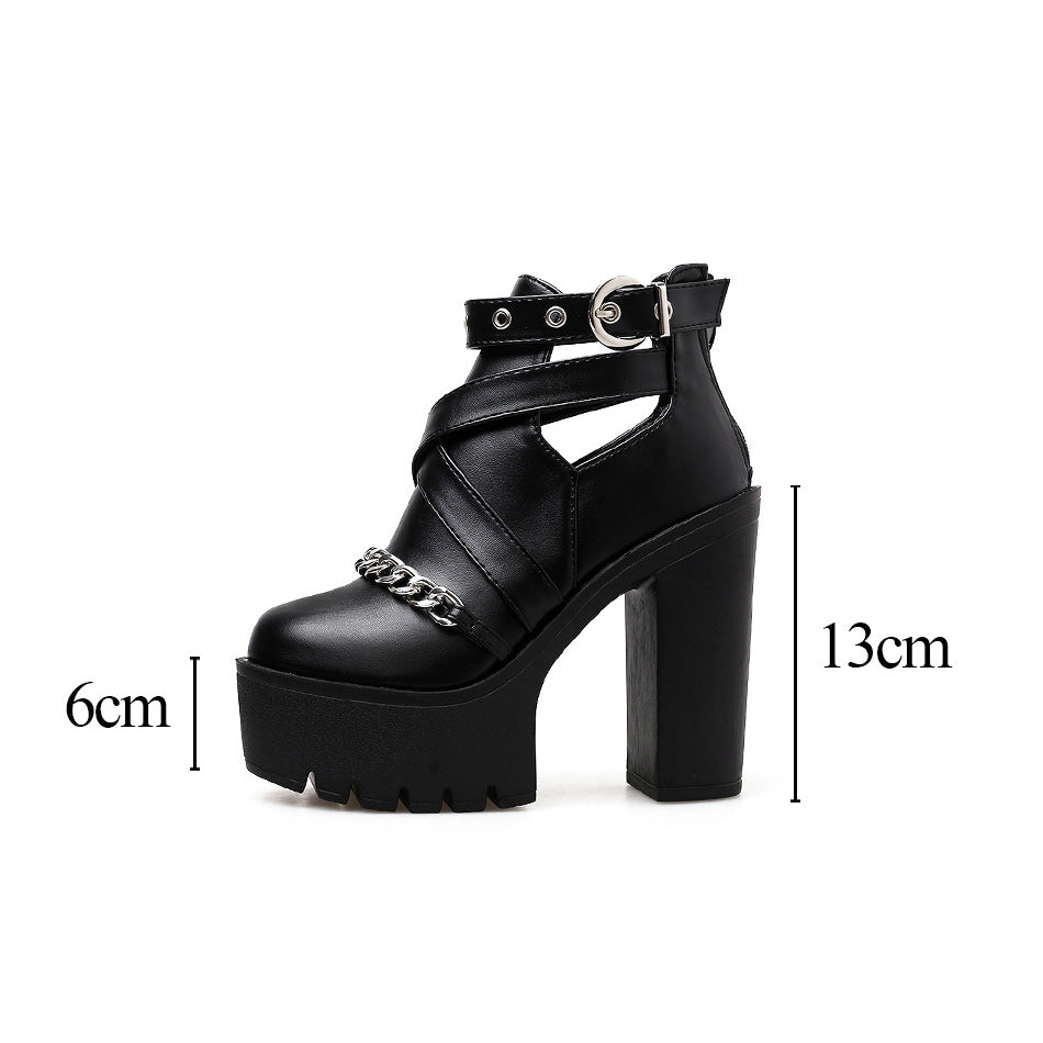 Women's Platform Ankle Boots with Chain from Front / Gothic Waterproof Platform High Heel Shoes - HARD'N'HEAVY