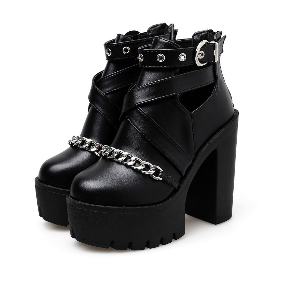 Women's Platform Ankle Boots with Chain from Front / Gothic Waterproof Platform High Heel Shoes - HARD'N'HEAVY