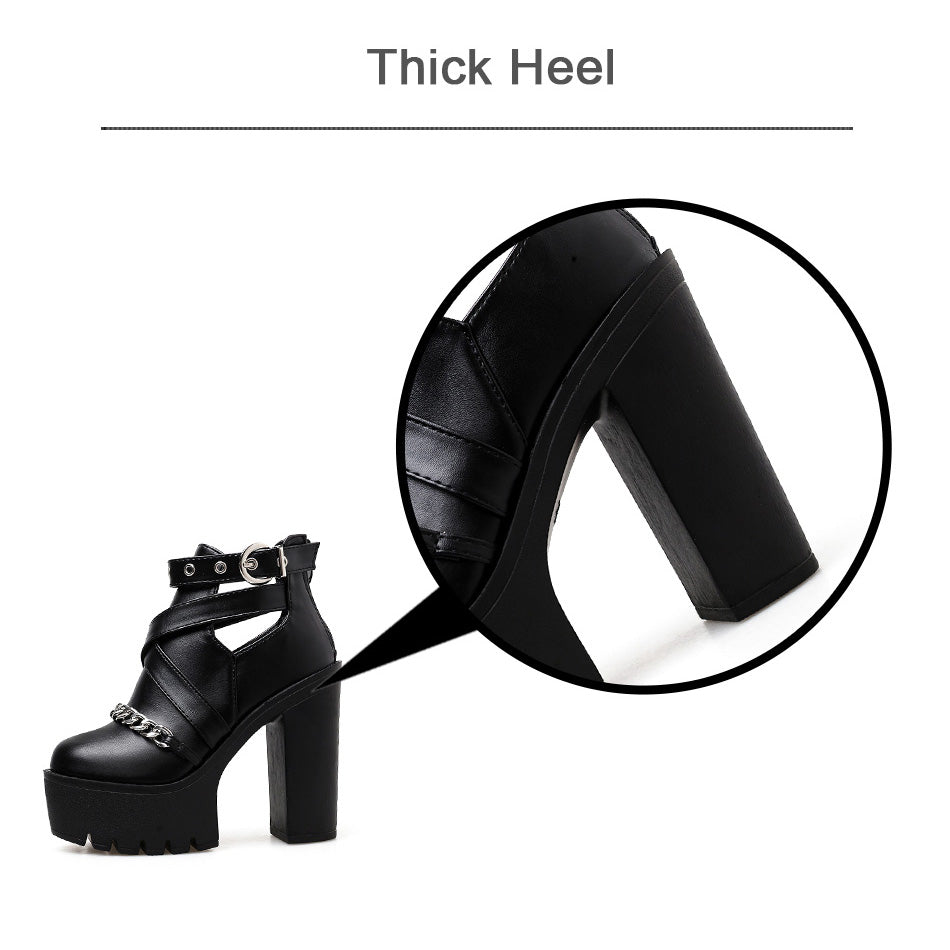 Women's Platform Ankle Boots with Chain from Front / Gothic Waterproof Platform High Heel Shoes - HARD'N'HEAVY