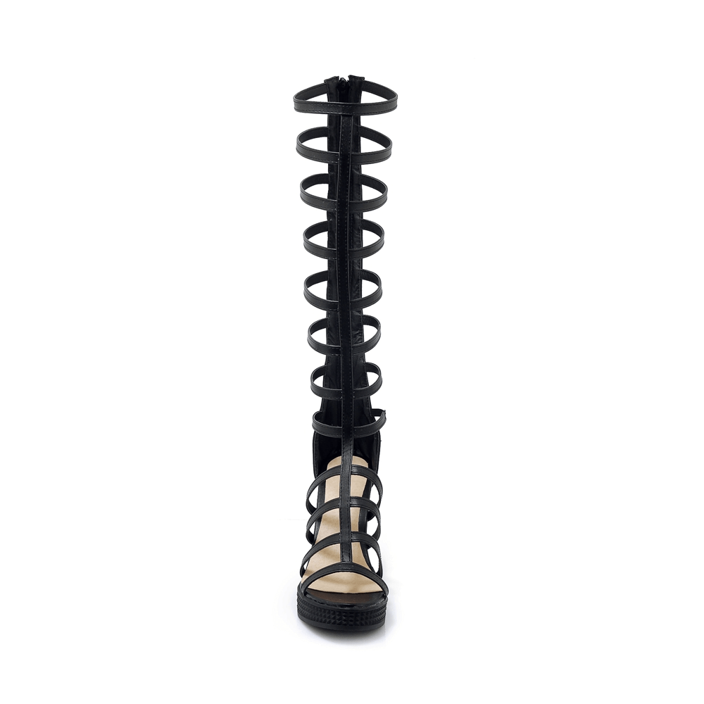 Stylish women's black PU leather knee-high gladiator sandals with a unique spiral design and heel for summer fashion.