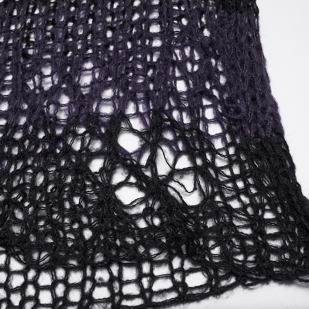 Texture detail of Women's Purple and Black Gothic Mesh Mohair Sweater showcasing open-knit design and bold contrast.