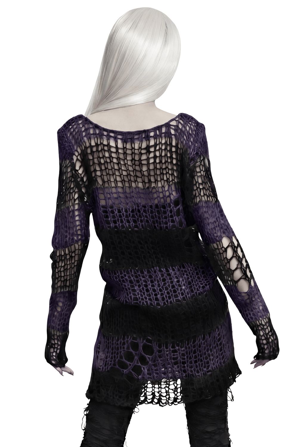Women's Purple and Black Gothic Mesh Mohair Sweater in open-knit construction with a punk vibe.