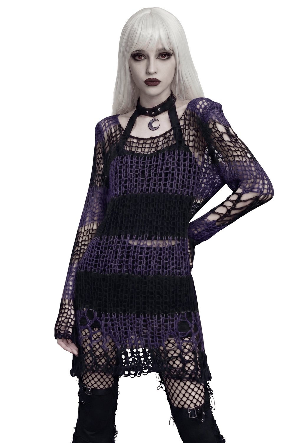 Model showcasing Women's Purple and Black Gothic Mesh Mohair Sweater with dark punk style and bold stripes.